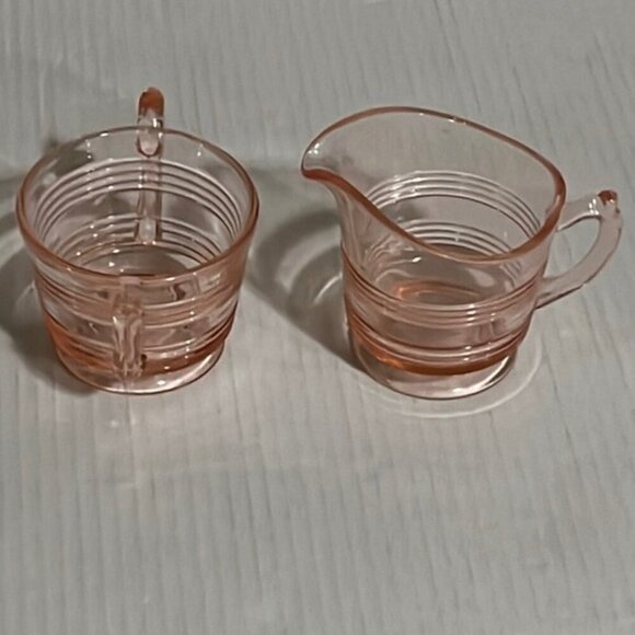 Vintage Pink Depression Glass Anchor Hocking Banded Rings Cream and Sugar - Picture 4 of 7